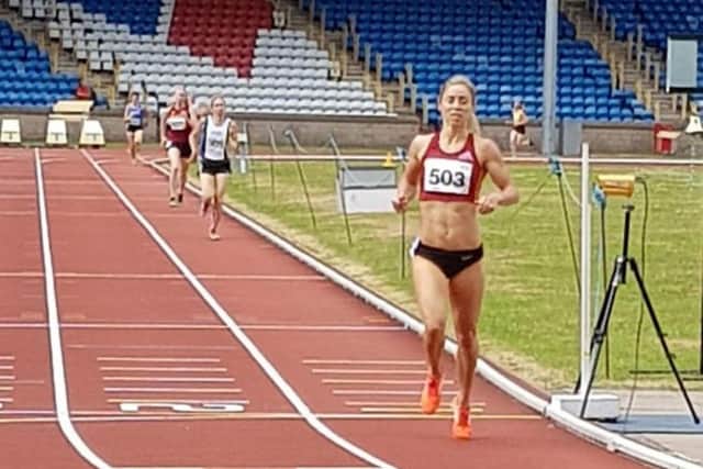 Zoe Doyle crosses the line at Alexander Stadium in Birmingham