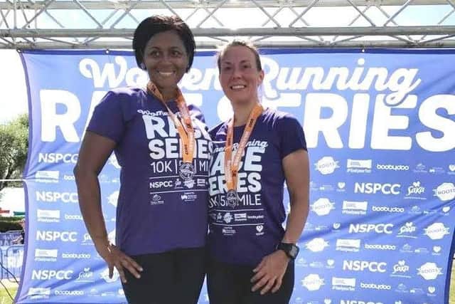 Harriers Leona Flaherty and Serena Harrap in Milton Keynes on Sunday