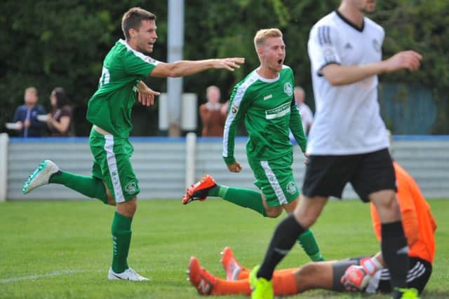Hemel skipper Jordan Parkes, right, and Charlie Sheringham celebrate after the captains wonder goal