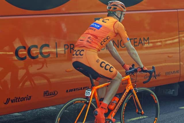 Polish rider Marcin Bialoblocki (of team CCC-Sprandi-Polkowice), who finished in 86th place out of the 104 finishers.